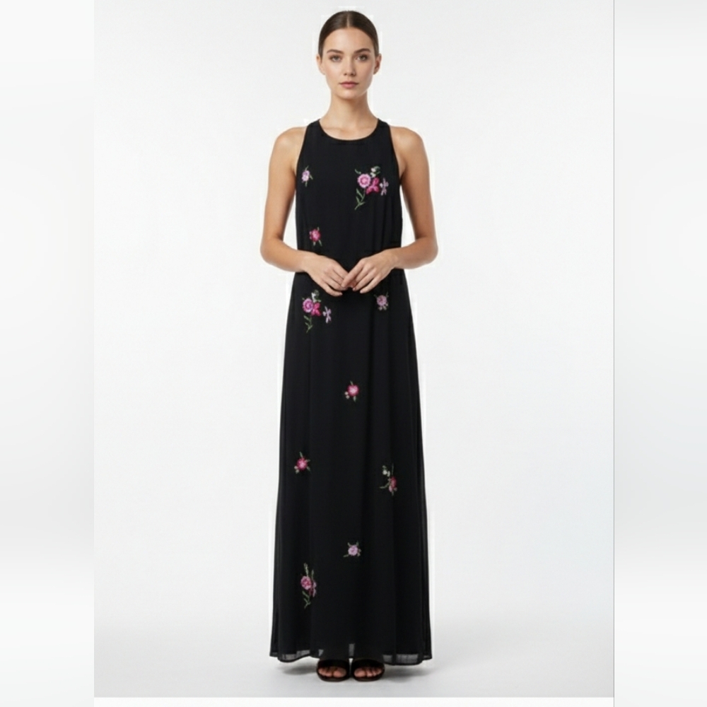 Vintage Karin Stevens Dress Maxi Black Floral Sleeveless Fairy Whimsigoth 14